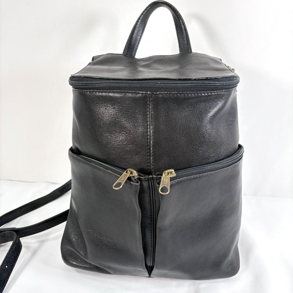 Hobo International Backpack Black Leather Vintage Zip Pocket Mini Bag 90's